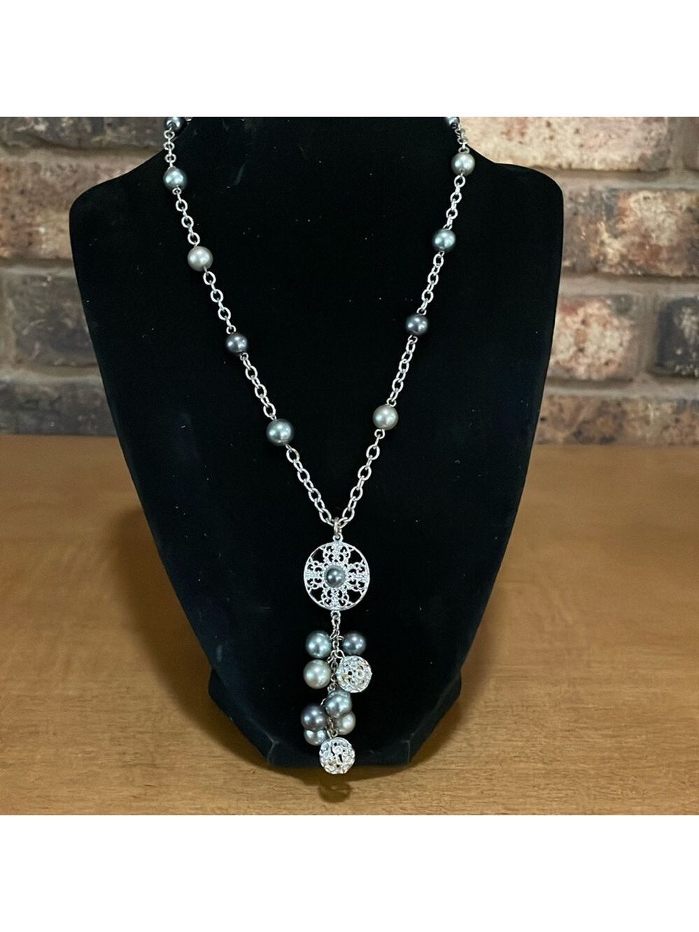Cezanne pewter and grey faux pearl silver tone y necklace
